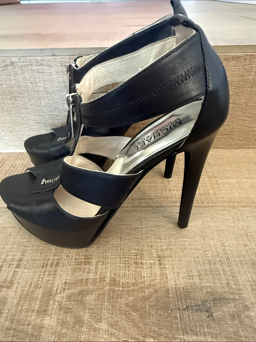 Michael Kors Black Leather Zip-Front High Heel Sandals